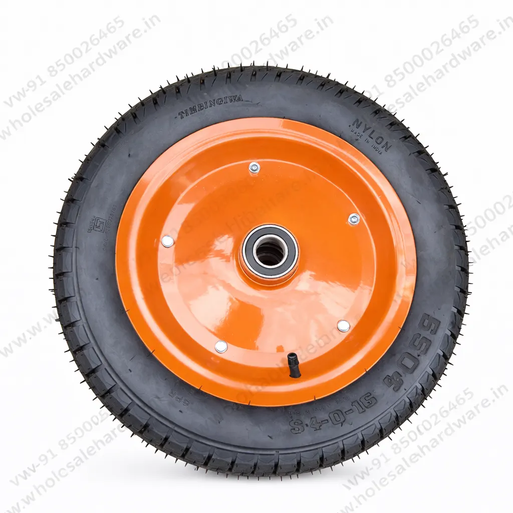3.50×10 wheelbarrow tyre with orange steel rim and bearing on white background