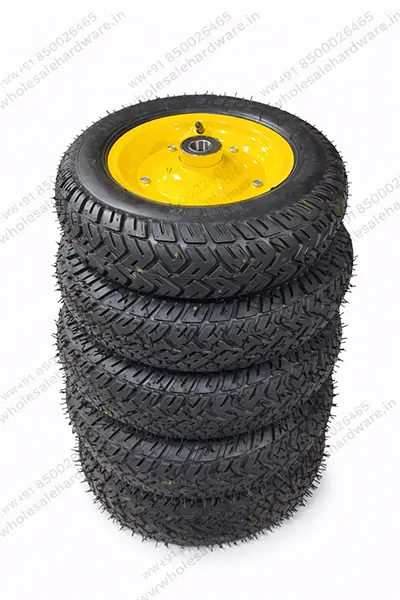 Stack of 3.50×8 wheelbarrow tyres with yellow rim on white background