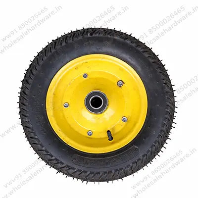 3.50×8 wheelbarrow tyre with yellow steel rim and center bearing on white background
