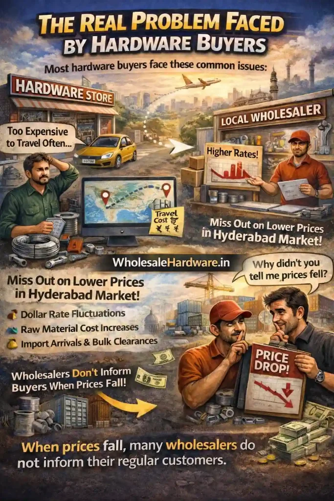 Hardware buyers, contractors and dealers standing with tools and materials, showing target users of WholesaleHardware.in service in India