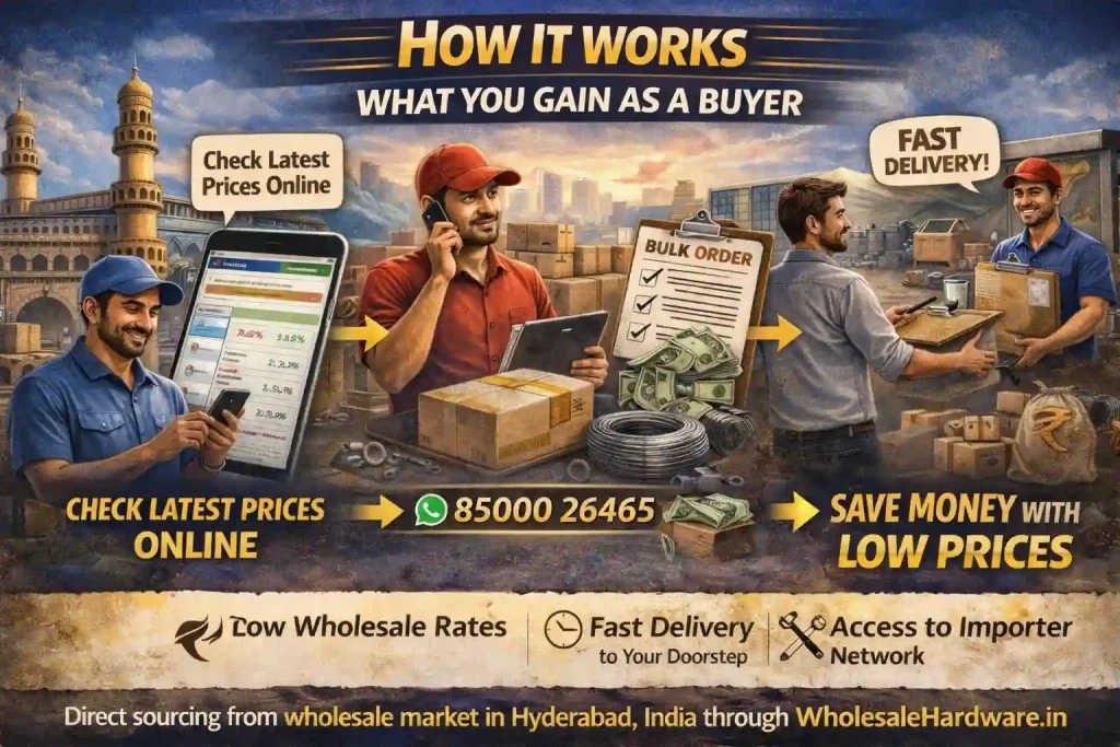 Wholesale hardware buying process showing price checking, bulk ordering and direct sourcing from importer network in Hyderabad