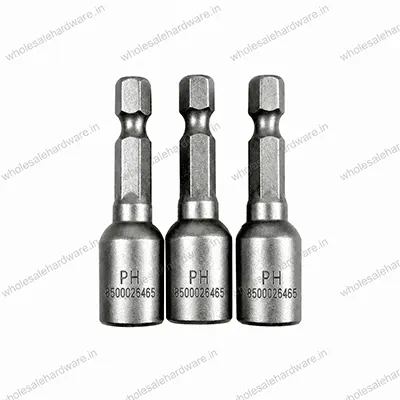 Three silver magnetic nut driver bits with hex shank displayed on a white background, used for fastening hex head screws and bolts with drills and impact drivers.