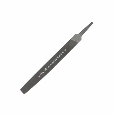 Flat steel hand file with textured cutting surface and tang, displayed diagonally on a clean white background.