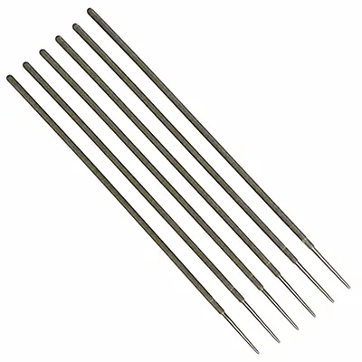 Six chainsaw files arranged diagonally on a clean white background, showing long dark metal bodies and pointed file ends.