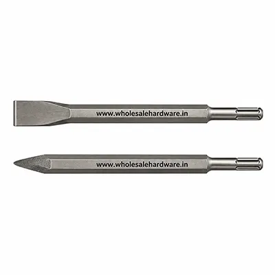 Two steel SDS chisel bits, one flat and one pointed, displayed horizontally on a pure white background.