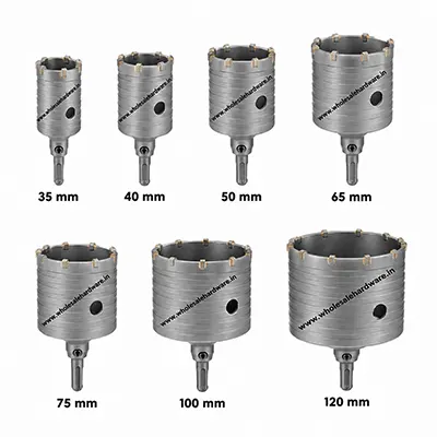 Concrete hole saw cutter set in 35, 40, 50, 65, 75, 100 and 120 mm sizes on a white background.