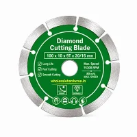 Green diamond cutting blade with silver segmented rim on a white background, designed for cutting granite, marble, stone, tiles and concrete using angle grinders.