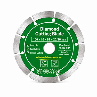 Green diamond cutting blade with silver segmented rim on a white background, designed for cutting granite, marble, stone, tiles and concrete using angle grinders.