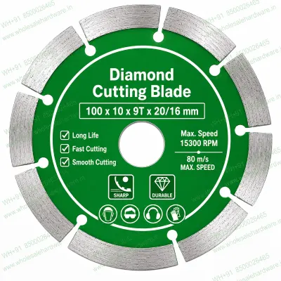 Green diamond cutting blade with silver segmented rim on a white background, designed for cutting granite, marble, stone, tiles and concrete using angle grinders.