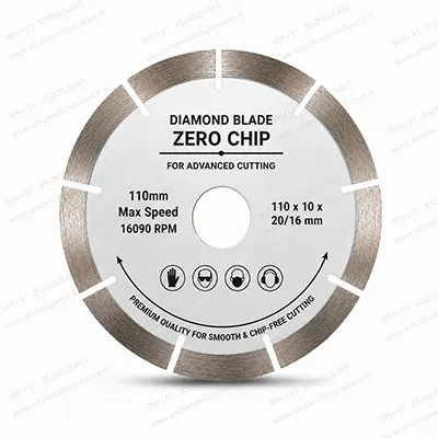Silver 110mm Zero Chip diamond cutting blade with segmented rim on a white background for smooth cutting of tiles, marble, granite and stone.