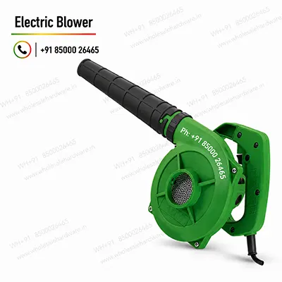 Green electric air blower with black nozzle, phone branding, and light watermark on a white background.