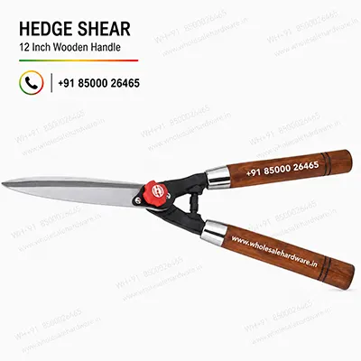 12-inch hedge shear with wooden handles, steel blades, phone and website branding on a white background.