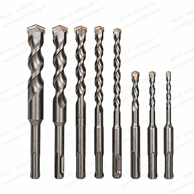 Set of SDS Plus masonry drill bits with carbide tips in multiple sizes on a white background for drilling concrete, brick and stone.