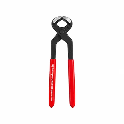 Black carpenter pincer with red handles for pulling nails and cutting wires on a clean white background.
