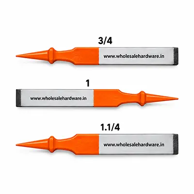 Three orange and silver handleless wood chisels in zigzag arrangement on a clean white background.