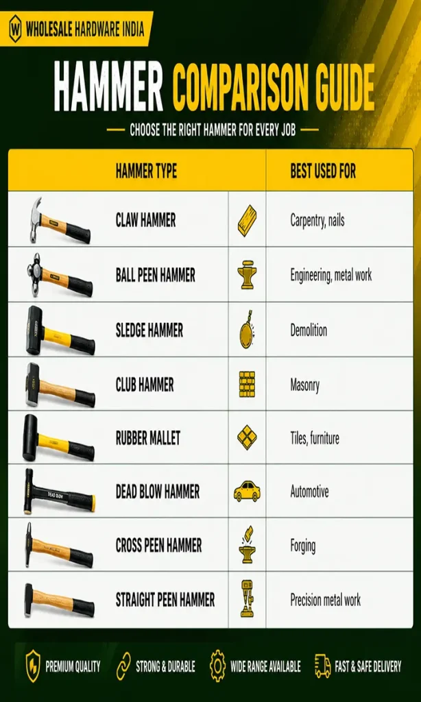 Hammer comparison chart showing claw, ball peen, sledge, club, rubber mallet, dead blow, cross peen and straight peen.