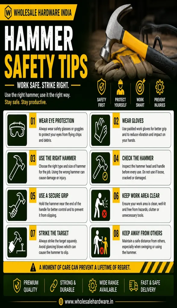 Hammer safety infographic with claw hammer, gloves, goggles and eight safe handling tips for workshop and construction use.