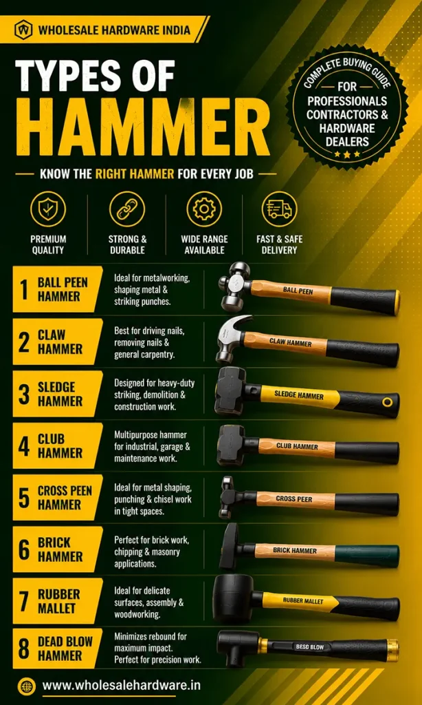Types of hammer guide showing ball peen, claw, sledge, club, cross peen, brick, rubber mallet and dead blow hamme
