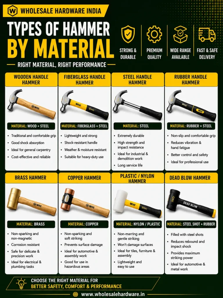 Hammer material guide comparing wooden, fiberglass, steel, brass, copper, nylon and dead blow hammers with key benefits.