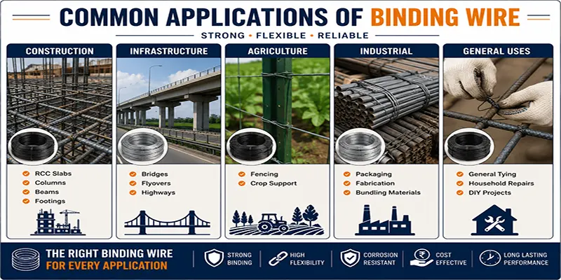 Infographic showing the common applications of binding wire in construction, infrastructure, agriculture, industrial fabrication, and general repair work.