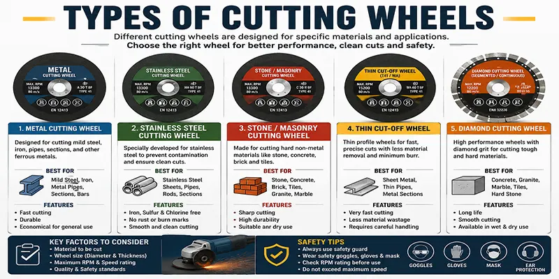 Types of cutting wheels for metal, stainless steel, masonry, thin cut-off and diamond cutting applications