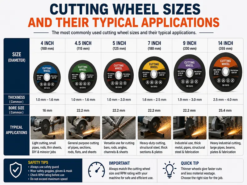 Common cutting wheel sizes and their typical applications, including 4-inch, 4.5-inch, 5-inch, 7-inch, 9-inch and 14-inch wheels
