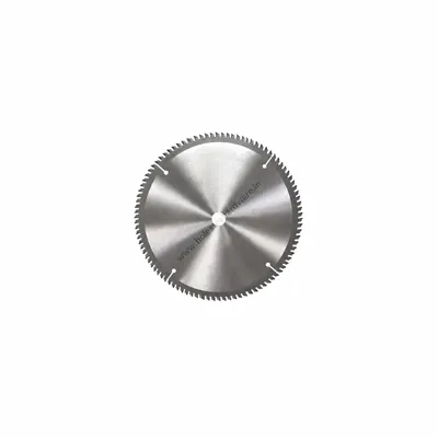 Silver aluminium cutting circular saw blade with sharp teeth on a clean white background for precision metal cutting.