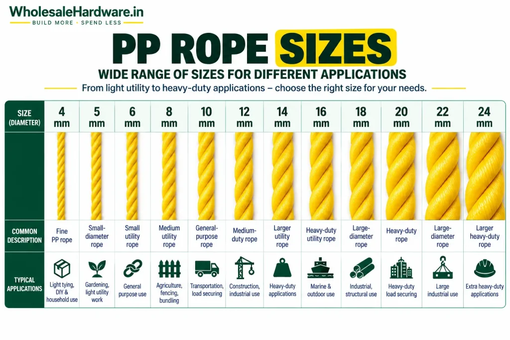 PP rope size comparison from 4 mm to 24 mm showing different rope diameters and typical applications.