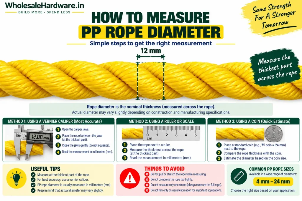 Diagram showing how to measure PP rope diameter across the thickest part of a 12 mm yellow polypropylene rope.