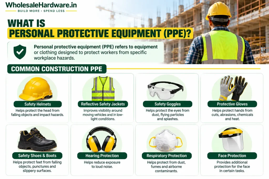Construction PPE infographic showing safety helmets, reflective jackets, safety goggles, protective gloves, safety footwear, hearing protection, respiratory protection and face protection.