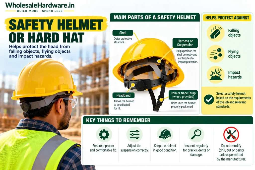 Safety helmet infographic showing the main parts of a construction hard hat and key helmet safety considerations.