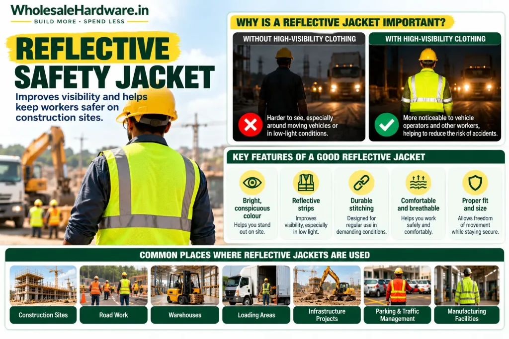Construction worker wearing a high-visibility reflective safety jacket near construction equipment and vehicles.