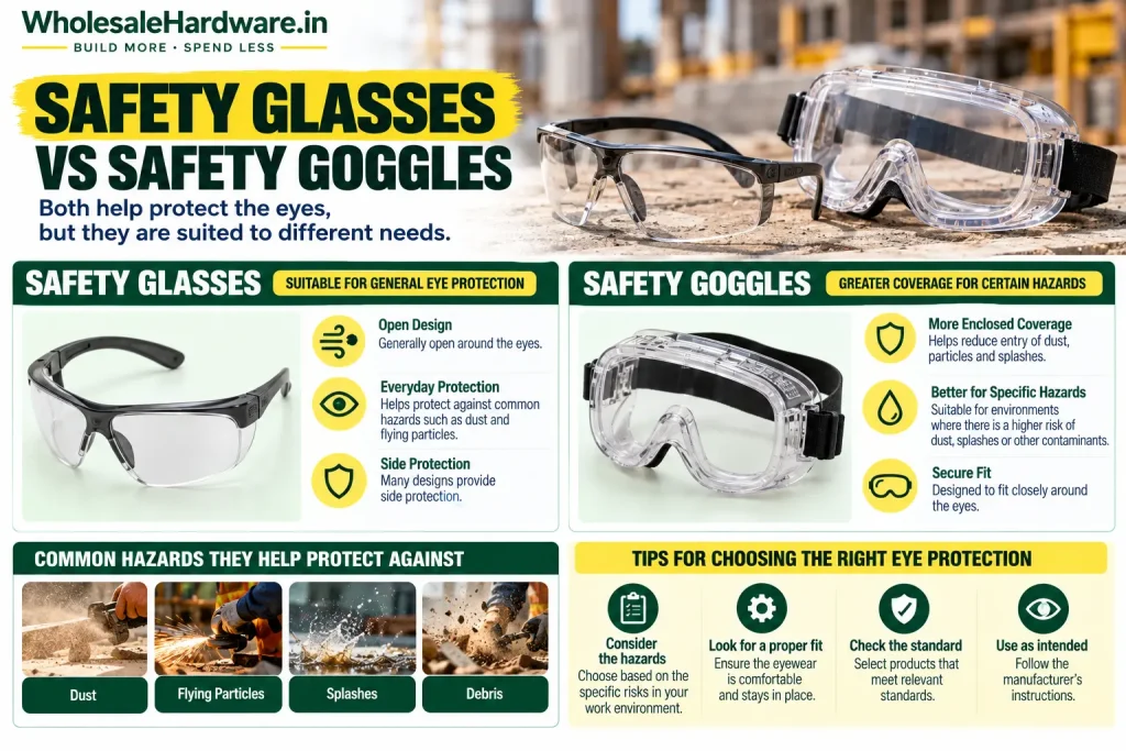 Comparison of safety glasses and safety goggles for construction eye protection, showing their coverage and suitable hazards.