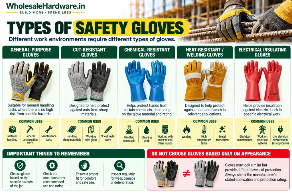 Infographic showing general-purpose, cut-resistant, chemical-resistant, heat-resistant and electrical insulating safety gloves.