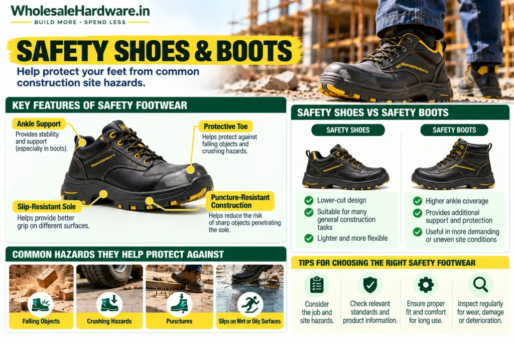 Safety shoes and boots infographic showing protective footwear features, common construction hazards and differences between shoes and boots.