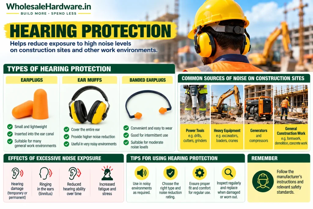 Construction worker wearing hearing protection with an infographic showing earplugs, earmuffs and banded earplugs.