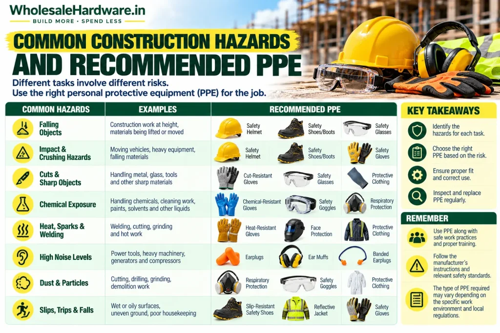Construction safety infographic matching common workplace hazards with appropriate personal protective equipment.
