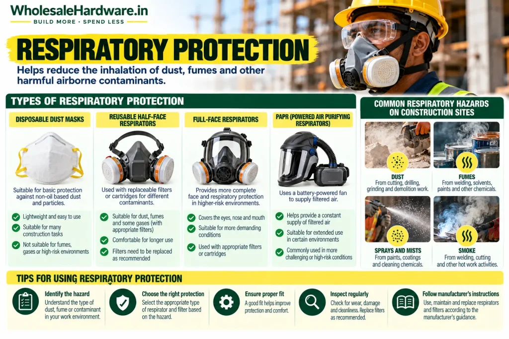 Respiratory protection infographic showing dust masks and respirators used for construction dust, fumes, mists and airborne contaminants.