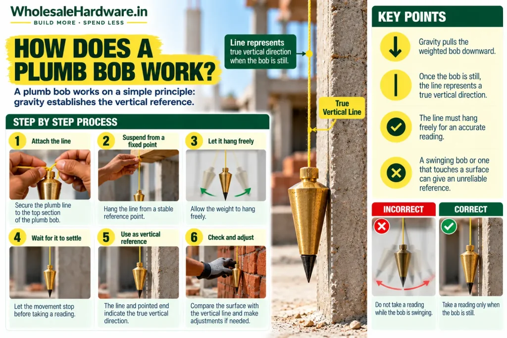 Step-by-step infographic showing how a Jodhpuri plumb bob uses gravity to establish a true vertical reference.