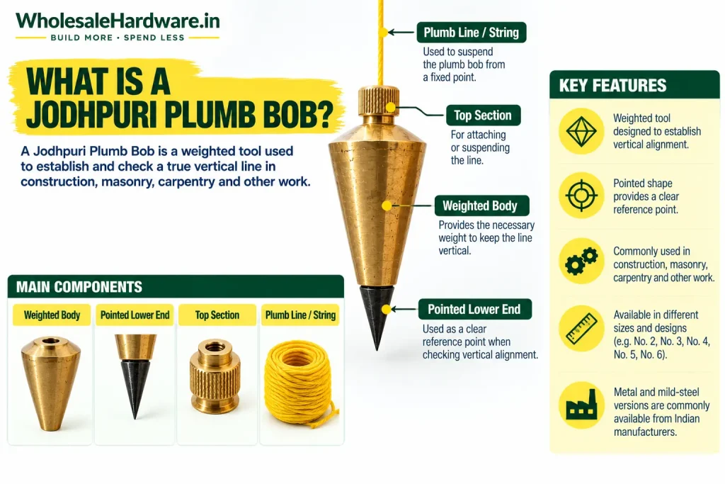 Annotated Jodhpuri plumb bob showing its weighted body, pointed lower end, top attachment section and plumb line.