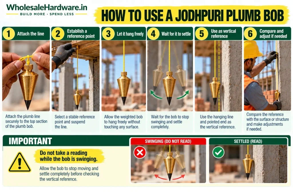 Step-by-step infographic showing how to use a Jodhpuri plumb bob to establish and check a vertical reference.