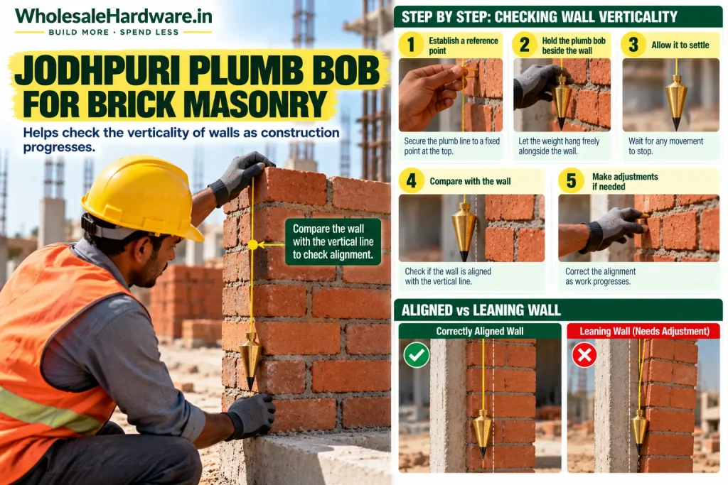 Mason using a Jodhpuri plumb bob to check the vertical alignment of a brick wall during construction.