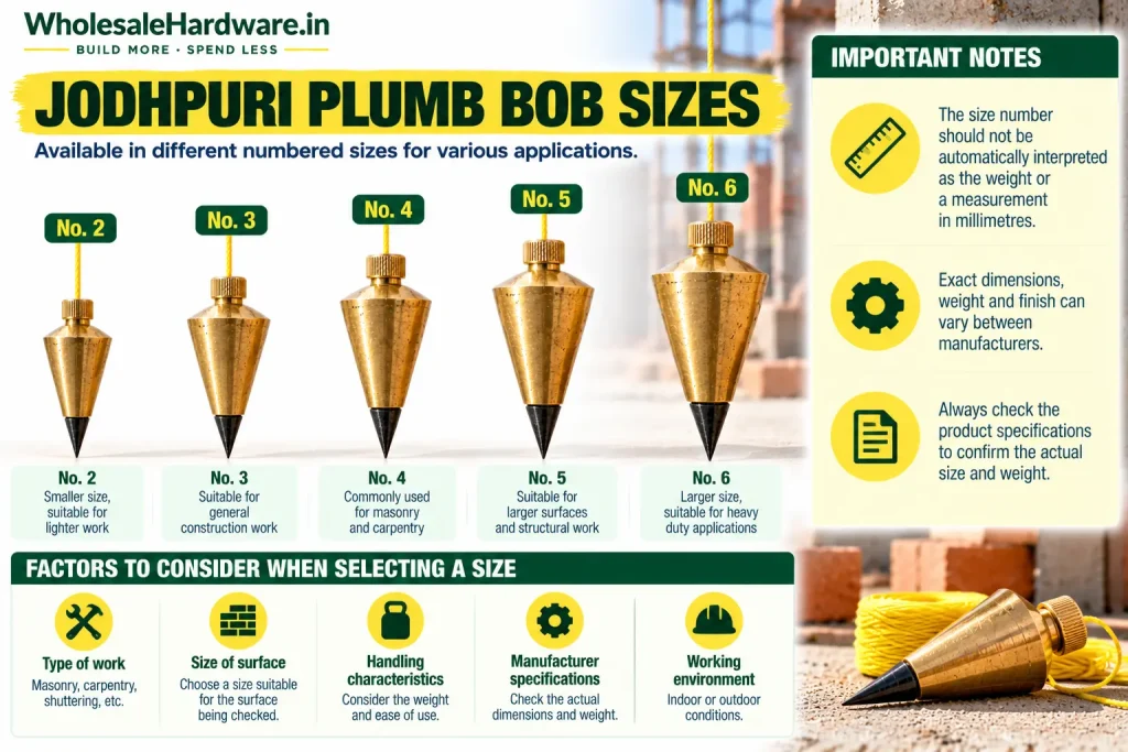 Comparison infographic showing Jodhpuri plumb bob sizes No. 2, No. 3, No. 4, No. 5 and No. 6 with notes about manufacturer specifications.