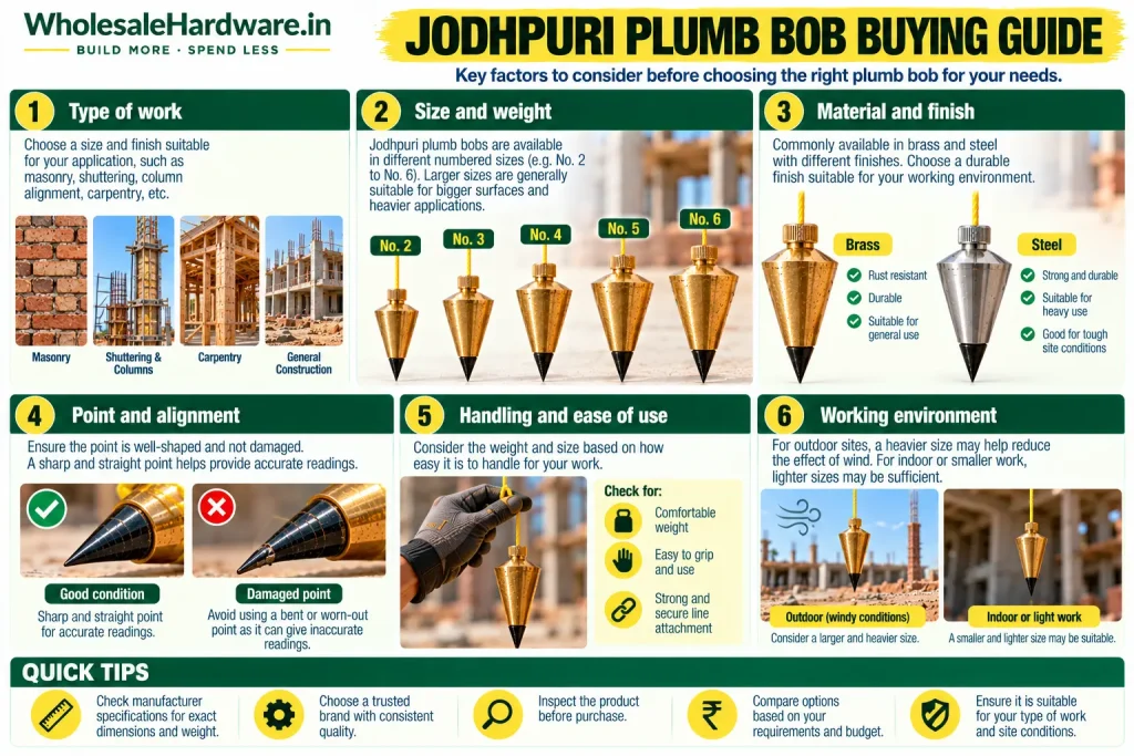 Buying guide showing factors to consider when choosing a Jodhpuri plumb bob for construction work.